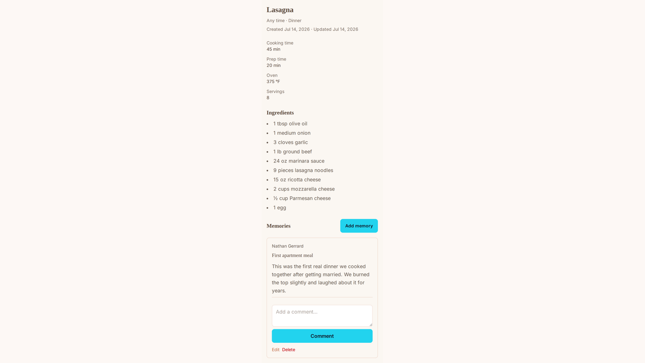 Screenshot of a family recipe with ingredients, method, and memories in Recipe & Memory Book